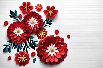 Flat lay copy space white background with red flowers, generative ai