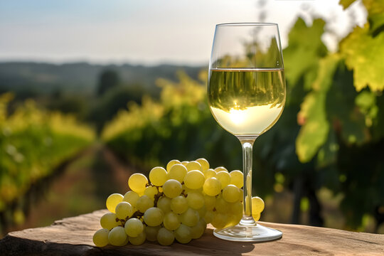 One Glass of White Riesling Wine Standing on a Wooden Table Next to a Bunch of Grapes, Vineyard in the Background: AI Generated Image