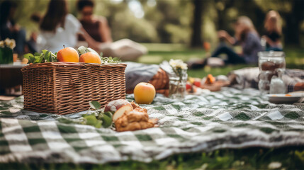 piknick in park with blanket and basket, gerenative AI