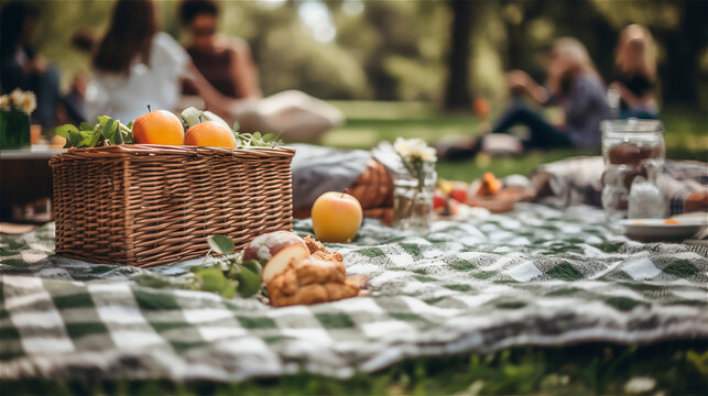 piknick in park with blanket and basket, gerenative AI