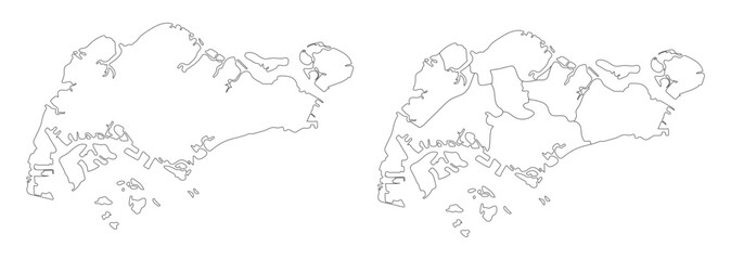 Singapore map set of white-black outline.