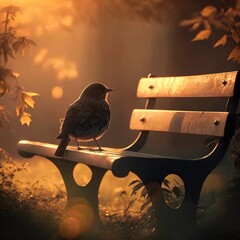 A bird sitting on a bench in the park in dawn