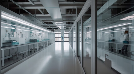 Long corridor in research facility with scientific laboratory interior behind glass wall. AI generative.