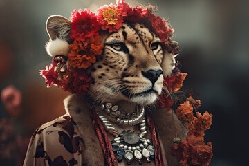 Portrait of a fashion cheetah wearing flowers and jewels on a dark background. Generative AI