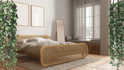 Jungle frame, biophilic concept idea interior design. Tropical leaves over farmhouse bedroom with...