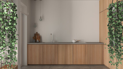 Jungle frame, biophilic concept idea interior design. Tropical leaves over minimal modern kitchen....
