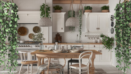 Jungle frame, biophilic concept idea interior design. Tropical leaves over farmhouse kitchen with dining table. Cerpegia woodii hanging plants