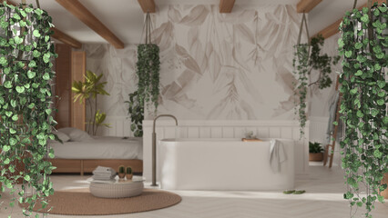 Jungle frame, biophilic concept idea interior design. Tropical leaves over boho bathroom with...