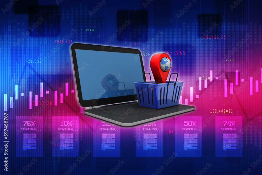 Poster 3d rendering red map pointer in basket on laptop