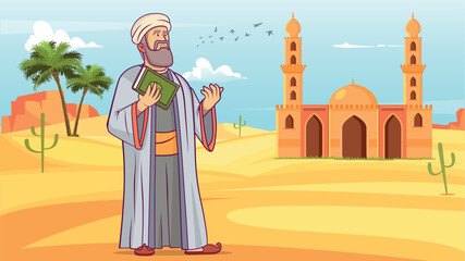 ancient muslim arabs old wise man with the Qur'an vector  illustration 