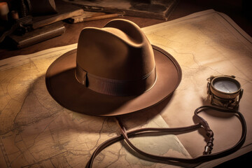 Indiana Jones's hat and whip lying on an ancient citadel map, created with Generative AI technology - obrazy, fototapety, plakaty