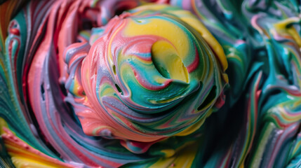 Rainbow ice cream, close-up on multicolor swirls of delicious icecream, AI generative summer trendy food background