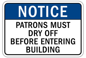 Fototapeta premium Pool shower sign and labels patrons must dry off before entering building