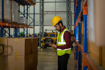 Warehouse employees using digital tablet computer for checking stock in a large distribution warehouse.
