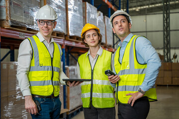 Logistics worker storing package boxes in a large distribution centre,Warehouse worker moving cardboard boxes while working with a colleague in a warehouse,.