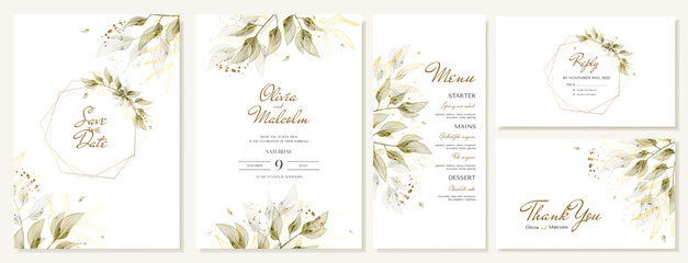 Vector wedding templates, thank you cards, menu with watercolor leaves and vegetation with branches, leaves on a white background.