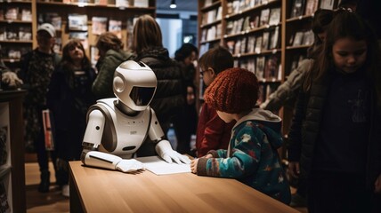 Children and robot in a book store. Technology and entertainment concept. - obrazy, fototapety, plakaty