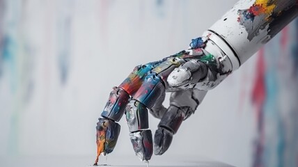 Close-up of a robot's hand with colorful paint splashes. A social issue regarding the morality of using AI to generate images. - obrazy, fototapety, plakaty
