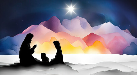 Holy family christmas scene with copy space generative ai illustration