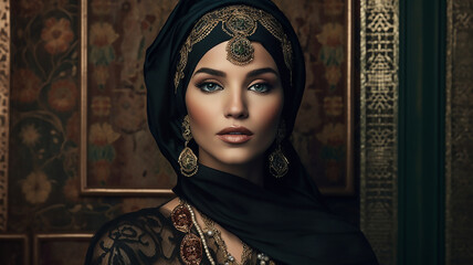  Portrait of a beautiful oriental woman with traditional make-up, black hijab and jewelry on a vintage background, generative ai tools 