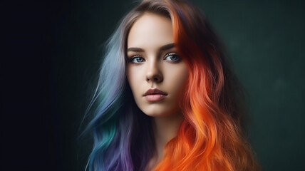 Naklejka premium generative ai tools, Portrait of young beautiful woman with long flowing hair, Rainbow Hairstyles