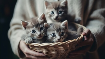 Fototapeta na wymiar Basket with cute little kittens in woman hands, rustic, Sweet lovely atmospheric moment, generative ai tools
