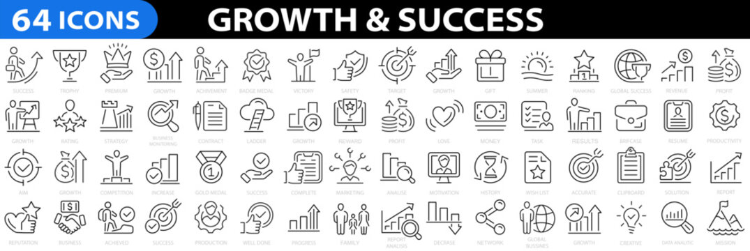 Growth & Success 64 icon set. Successful business development, plan and process symbol. Goals and Target Related. Vector illustration.
