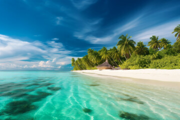 Beautiful beach with white sand and palm trees on tropical island. AI generated