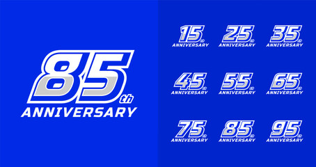 Set of sport anniversary logo concept. 15, 25, 35, 45, 55, 65, 75, 85, 95, number symbol collections with bold and italic style