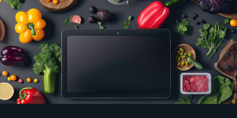 Fresh And Healthy: Tablet Computer Displaying Vibrant Fruits And Vegetables On Black Background With Space For Customized Text Or Image Keto Diet, Healthy Food, No Carbs Generative AI