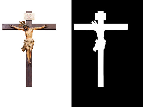 Jesus Christ on the cross with a sign in Latin with the text "IESUS NAZARENUS REX IUDAEORUM" which means Jesus of Nazareth, King of the Jews, isolated on white background with clipping mask and path