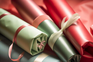 Colorful red, pink, green, blue wrapping paper rolls. Generative AI