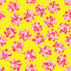A pink floral pattern on a yellow background