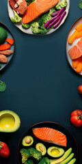 Satisfy Your Appetite With Delicious Food And Fresh Vegetables On A Blue Tablecloth - Black Background Setting Keto Diet, Healthy Food, No Carbs Generative AI