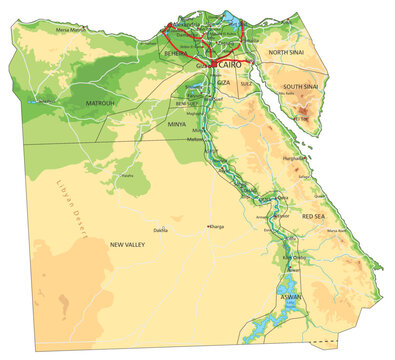 Highly detailed Egypt physical map with labeling.