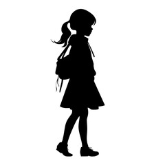 Fototapeta na wymiar silhouette people of a slim casual girl go to school. full length profile young woman standing, black color isolated on transparent png background Generative ai