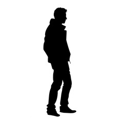 silhouette people of a slim young casual man full length profile standing, black color isolated on transparent png background Generative ai