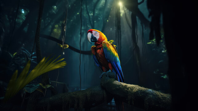 Colorful Macaw bird in forest background. ai generated.