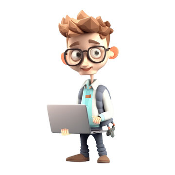 3D icon Young business man working with his laptop in the office or home, employee, freelancer programmer cartoon close up portrait on isolated on transparent png background. Generative ai