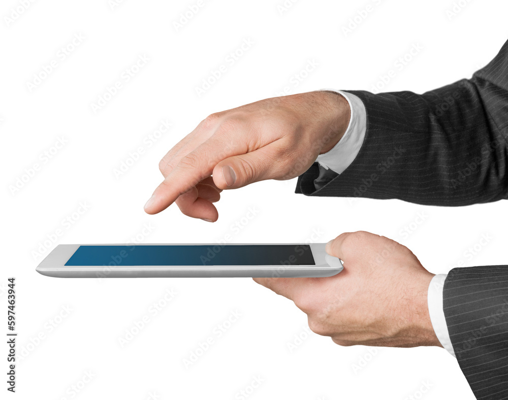 Poster Businessman  holding tablet pc   isolated on white background