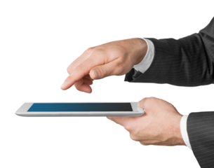 Businessman  holding tablet pc   isolated on white background