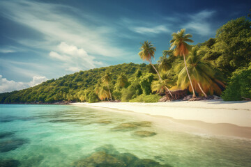 Fototapeta na wymiar Beautiful beach with white sand and palm trees on tropical island. AI generated