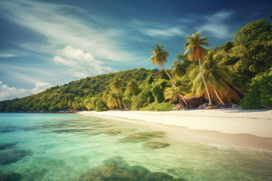 Beautiful beach with white sand and palm trees on tropical island. AI generated © Oksana Kumer