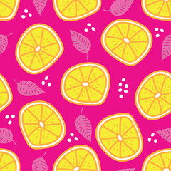 Lemon pattern - hand drawn lemon slice and levaes isolated on pink backgound. Good for textile print, wrapping and wall paper.