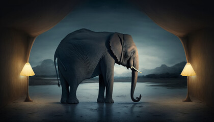 An elephant stands in a dark room with a curtain that says'elephant '. Generative Ai