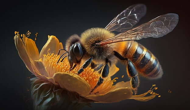 A bee on a flower with a black background. Generative Ai