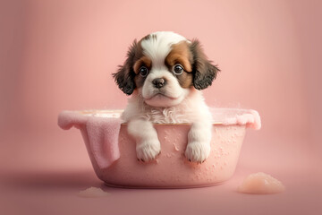 Cute puppy dog in bathtub , pets cleaning , Generative Ai. PNG
