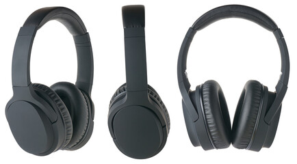 set of black headphones, over-ear wireless audio equipment with noise canceling ear pads or ear...