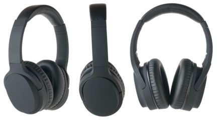 set of black headphones, over-ear wireless audio equipment with noise canceling ear pads or ear cushions isolated and in different angles