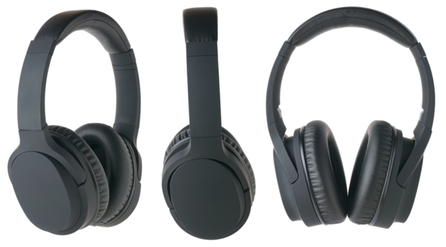 set of black headphones, over-ear wireless audio equipment with noise canceling ear pads or ear cushions isolated and in different angles
